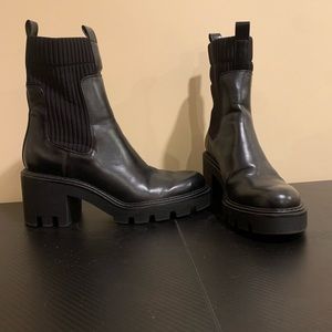Zara Wide Heeled Ankle Boots with Knit Inset and Lug Sole